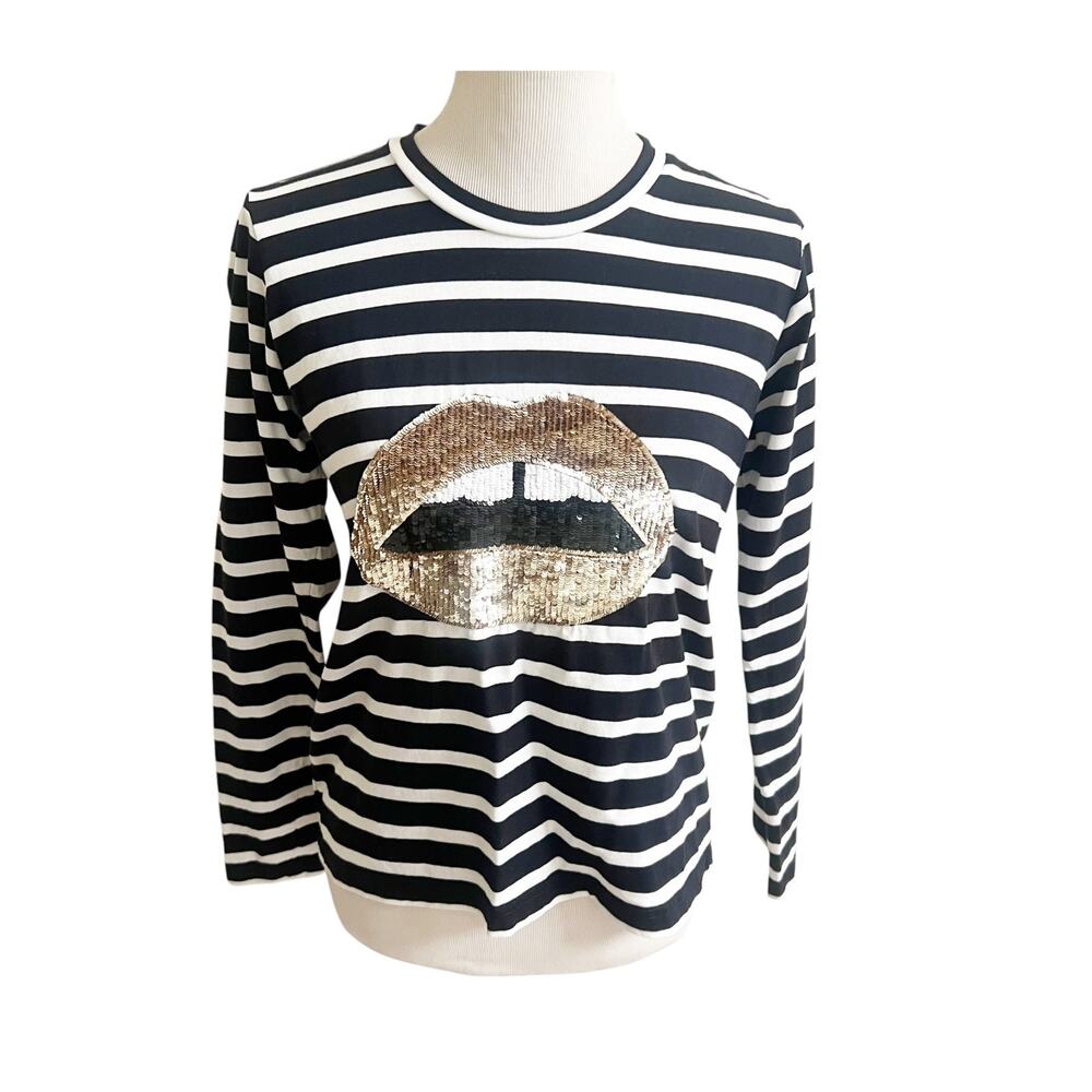 Marcus Lupfer Blouse Womens Medium Black White Striped Sequin Lip Graphic Trendy